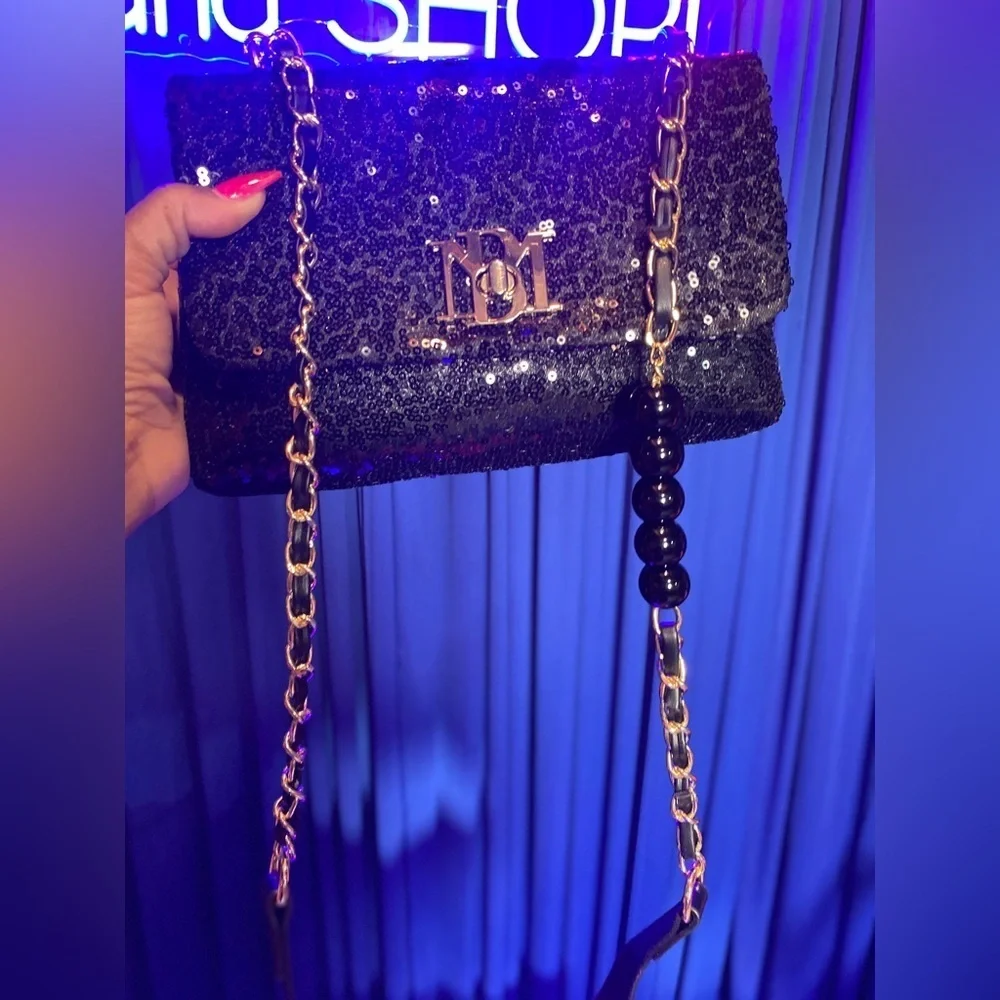 BADGLEY MISCHKA Black Sequence and Partial Beaded Crossbody/Shoulder Strap Bag